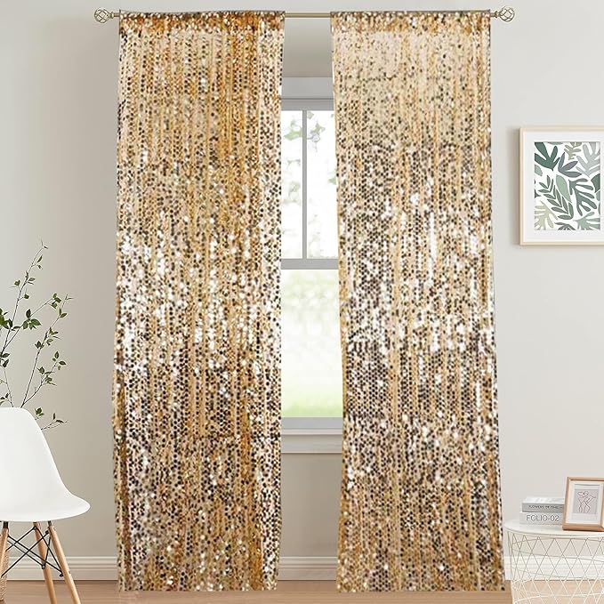 HH 9x9FT Big Gold Sequin Payette Backdrop Curtains Panels, Shimmer Sequin Photography Backdrop for Wedding Party Christmas Decoration