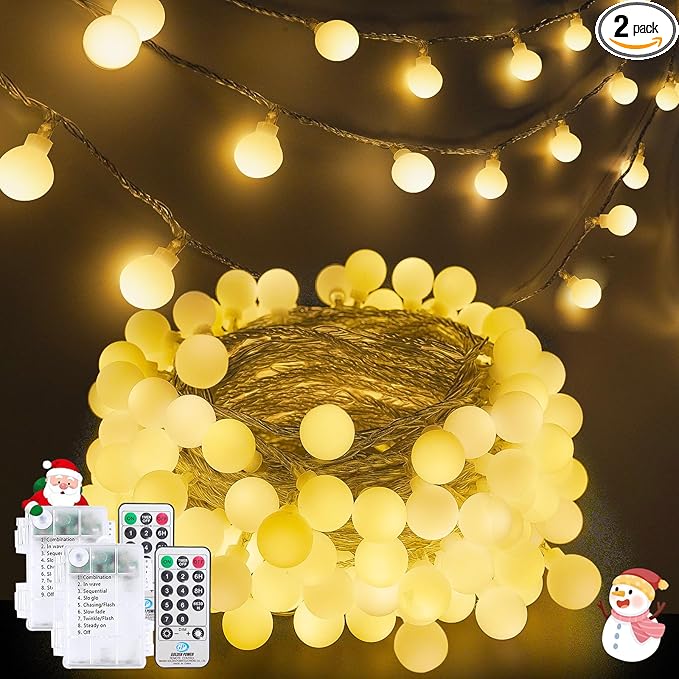 2 Pack Battery Operated String Lights - 52FT 120 LED Globe Fairy Lights with Remote, Waterproof Christmas Light Indoor Outdoor 8 Modes with Timer for Bedroom Classroom Dorm Christmas Decor, Warm White