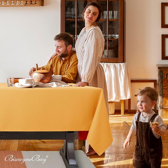 Biscaynebay Fall Tablecloth Textured Fabric 90x132 Inch Rectangular, Fall Gold Thanksgiving Autumn Harvest Water Resistant Fabric Tablecloths for Kitchen, Dining, Wedding, Parties Machine Washable