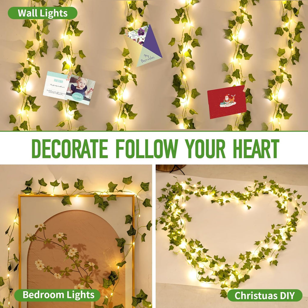 Fake Plants Vines,33ft 100 LED Artificial Ivy Garland with Fairy Lights,for Home Living Room Bedroom wall Art Aesthetic Office Coffee Wedding Party Farmhouse Dorm Outdoor Garden Decor