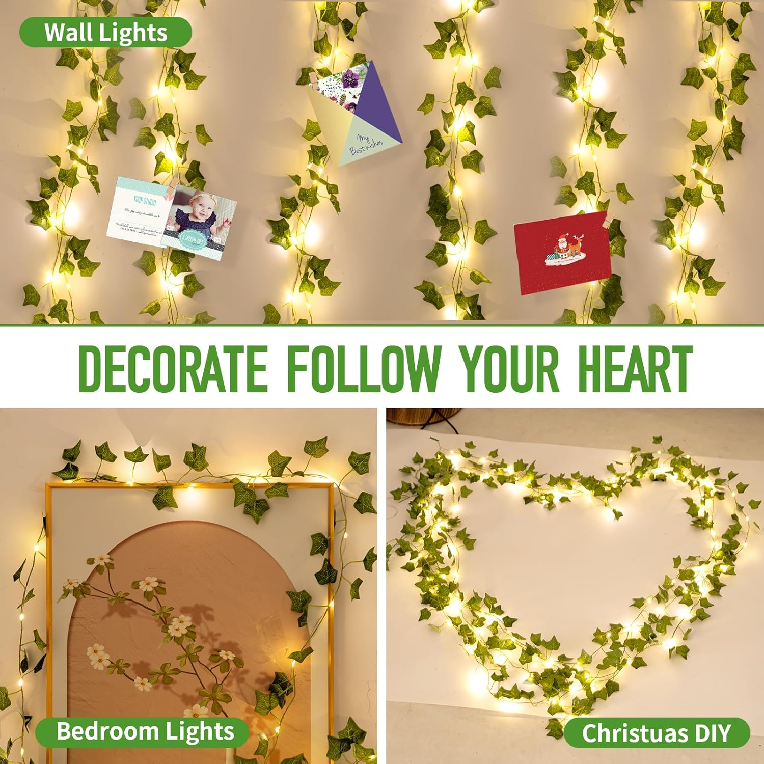 Fake Plants Vines,33ft 100 LED Artificial Ivy Garland with Fairy Lights,for Home Living Room Bedroom wall Art Aesthetic Office Coffee Wedding Party Farmhouse Dorm Outdoor Garden Decor