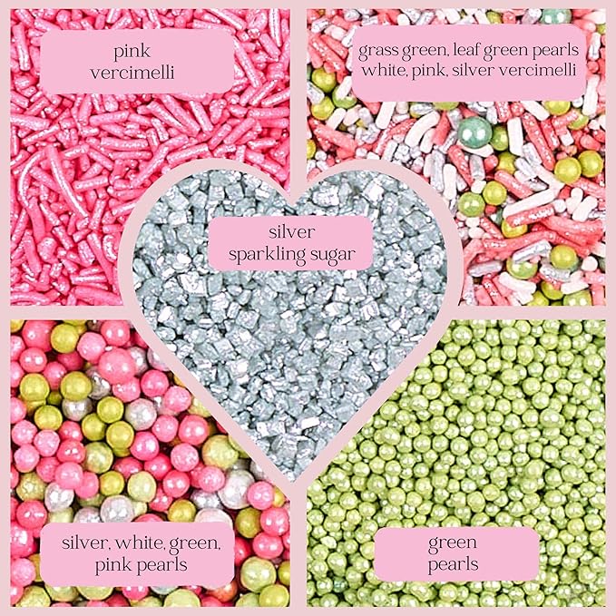 Confect Love Party Sprinkles – Edible Cake Decorating Mix with Orchid Green, Hot Pink & Silver Pearl Dragees, Pink Jimmies, Silver Sparkling Sugar – Festive Toppings for Cakes, Cupcakes, Cookies –Vegan, Gluten-Free, Nut-Free, Soy-Free, Dairy-Free, Palm...
