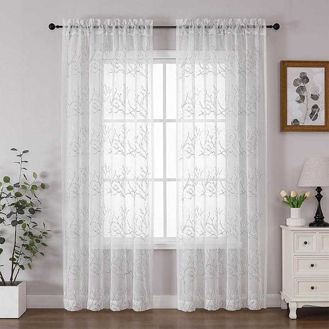VISIONTEX Sheer Curtains 84 inch Length 2 Panels Set, Decorative Grey Coral Embroidery, Rod Pocket Embroidered Window Drapes for Living Room and Bedroom, 54" x 84"