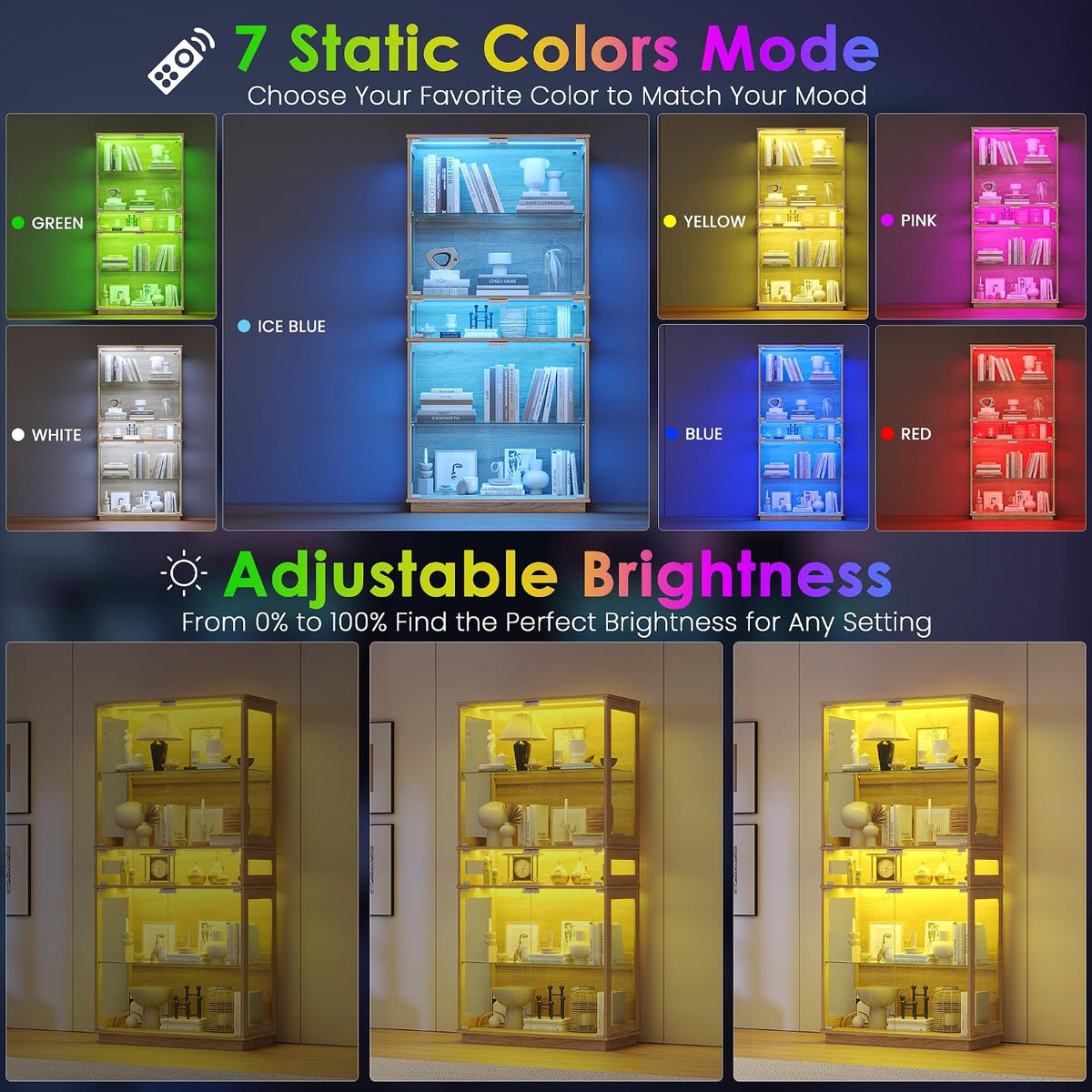65" h rgb display cabinet with glass doors, side view