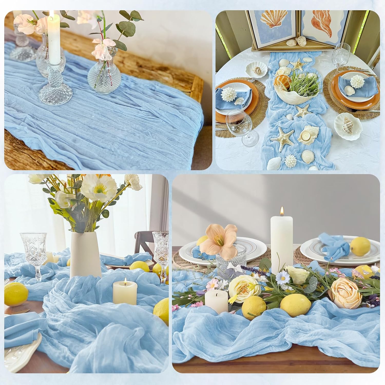 12 Pack Baby Blue Cheesecloth Table Runner 17x108 Inch Semi Sheer Boho Gauze Cheese Cloth Fabric Table Runners, for Wedding Party Baby Shower Birthday Home Decor Garden Farmhouse