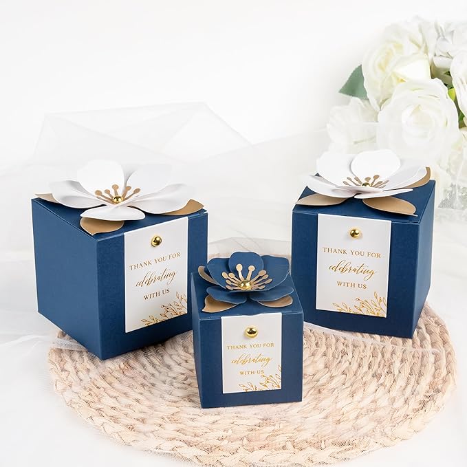FEIYI 20 PCS Favor Boxes, 3 In 1 Navy Blue Candy Boxes with Floral Decor, White Thank You Tags Gold Foil Print Gift wrapping for Wedding, Baby Shower, Birthday, Decorations Party - 2.55x2.55x2.55