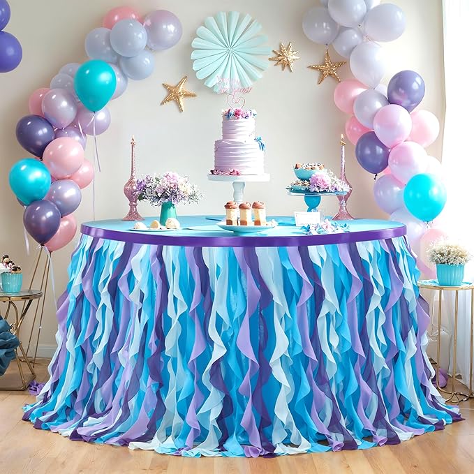 PARTISKY Mermaid Tulle Tutu Ruffle Curly Willow Table Skirt for Rectangle Table 6ft, Mermaid Themed Party Table Cloth for Girls Birthday Party or Baby Shower