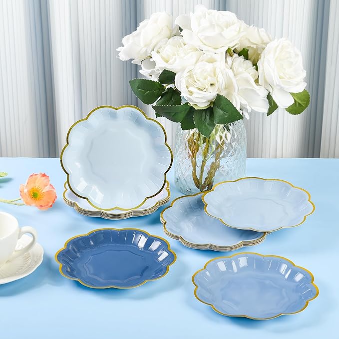 Dusty Blue Party Plates Gradient Blue Dessert Paper Plates 7inch Gold Foil Scalloped Edge Disposable Cake Plates for Tea Party Birthday Bridal Baby Shower Wedding Party Supplies (48)