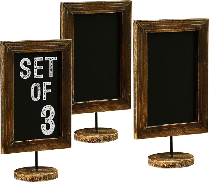 MyGift Set of 3 Tabletop Chalkboard Sign with Burnt Wood Frame and Round Base, Decorative Wedding Table Place Card Signage, Rustic Small Kitchen Countertop Memo Board