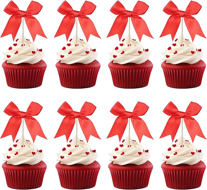 24 PCS Bow Cupcake Toppers Bowknot Cake Toppers Bow Cupcake Picks Bowknot Birthday Party Decorations Bow Cake Dessert Picks for Wedding Bridal Engagement Baby Shower Birthday Party Supplies Red