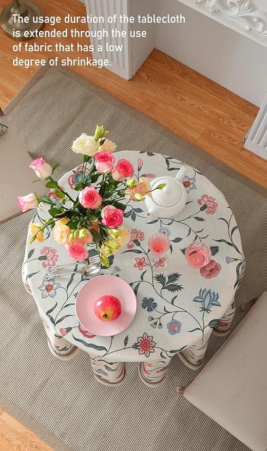 ISAENNE Designer Chinoiserie Linen Floral Round Tablecloth,White Wrinkle Resistant Table Cloth,Elegant Decor Tablecloths for Dining Thanksgiving Kitchen Party Christmas,Diameter 67"-Daffy