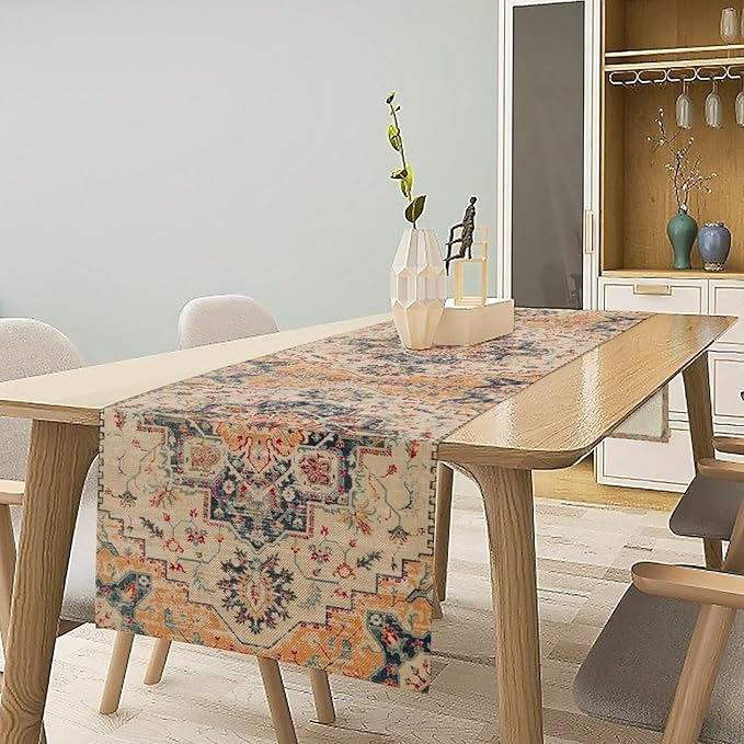 Bohemia Orange Table Runner, Rustic Farmhouse Vintage Geometric Floral Print Table Cover for Home Kitchen Dining Table Party Decor, 13x36inch