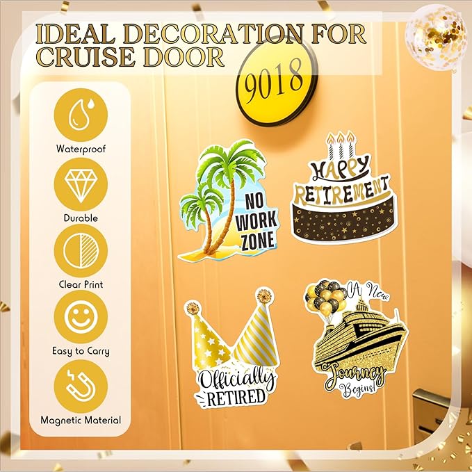 Hoteam 4 Pcs Retirement Cruise Door Decorations Magnetic Large Happy Retirement Cruise Ship Door Magnets Funny Waterproof Nautical Magnets for Carnival Cabin Stateroom Fridge Car