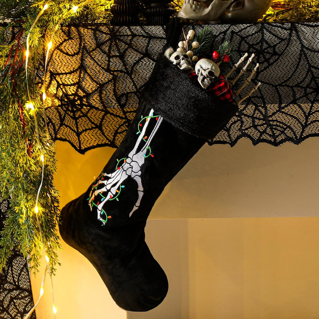 2 Pcs Gothic Christmas Stocking Black Velvet Stocking Goth Xmas Skeleton Hand Embroidered Stockings Hanging Ornaments Santa Candy Gift Bags for Christmas Home Decorations(Light)