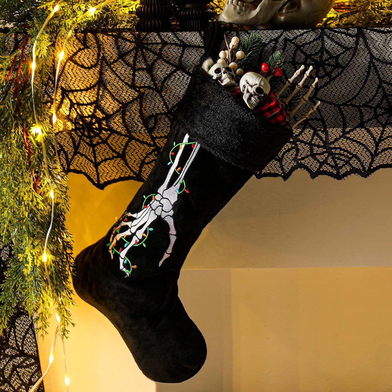 2 Pcs Gothic Christmas Stocking Black Velvet Stocking Goth Xmas Skeleton Hand Embroidered Stockings Hanging Ornaments Santa Candy Gift Bags for Christmas Home Decorations(Light)