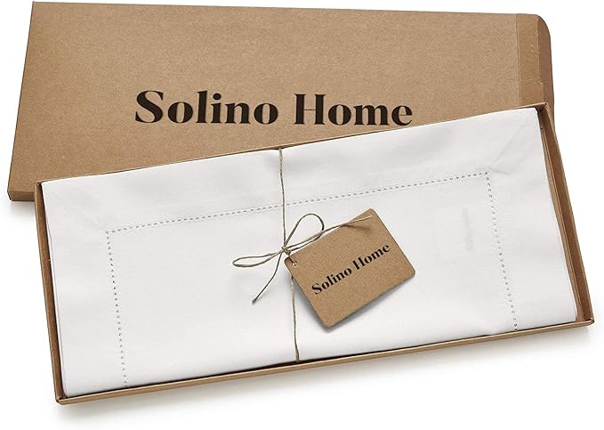 Solino Home White Table Runner 48 Inches - Cotton Linen Hemstitch Coffee Table Runner 14 x 48 Inch Ideal for Dresser Tables - Fall, Autumn, Halloween, Thanksgiving, Christmas, Holiday