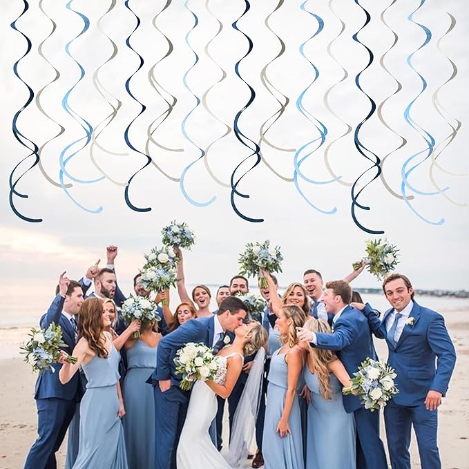 36 Pcs Dusty Blue Gray Hanging Swirl Decorations Navy Blue Grey Felt Swirl Streamer Spiral Ceiling Garland for Baby Shower Wedding Birthday Engagement Ahoy Achor Nautical Graduation Party Supplies