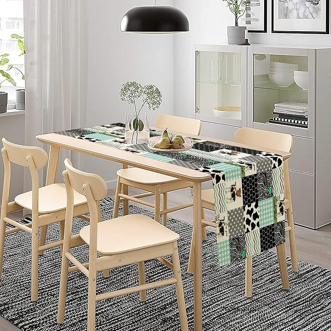 Cute Cow Print Table Runner,Farm Animals Honeycomb Plaid Stripes Cowhide Pattern Tablecloth Burlap for Hotel Indoors Outdoor Dining Room Kitchen Table Decor, 13x60in