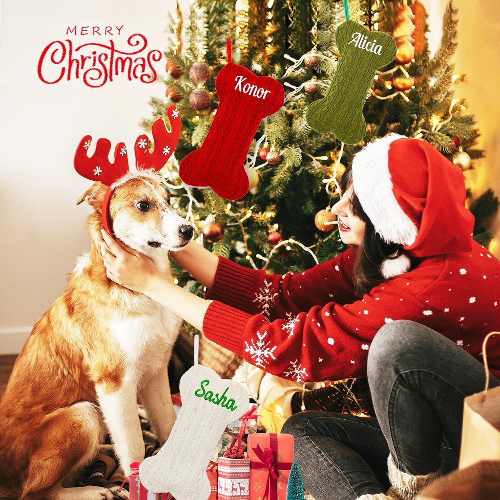 Personalized Pet Christmas Stocking,18 inch Custom Name Knit Christmas Stockings for Dog，Large Bone Xmas Stockings (Set of 1)