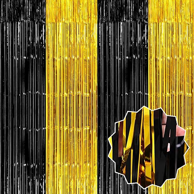 6 Pack Black and Gold Foil Fringe Curtains Backdrop, 3.28 x 8.2 Ft Metallic Streamers Tinsel Curtains Background for Photo Booth, Birthday, Weddings, Carnivals, Graduation, Themed Party Decorations