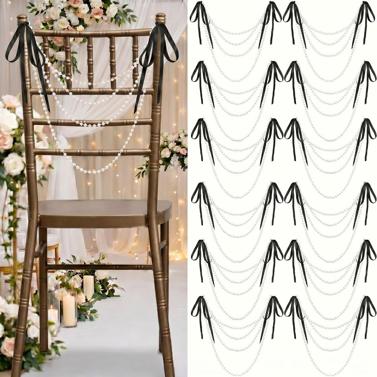wonderjune 64 pcs pearl garland bow chair sashes, main product view