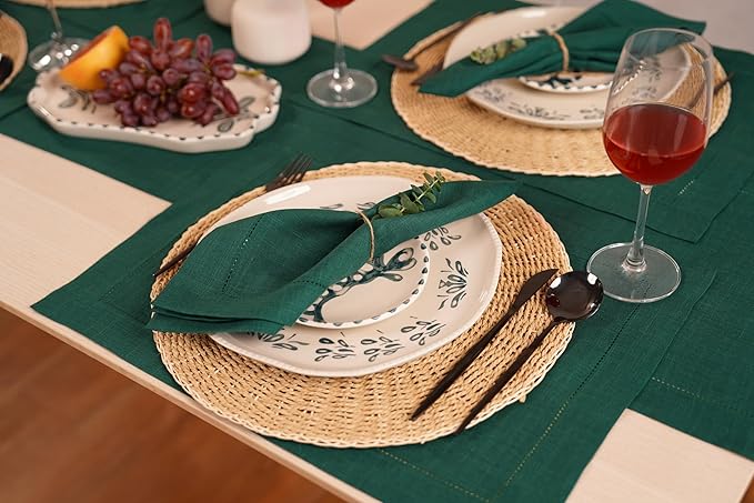 Linen Table Runner 14 x 72 Inch Long - 100% Pure Linen Christmas Green Table Runner - Cloth Fabric Hemstitch Runner for Thanksgiving, Christmas, Winter, New Year - Elara