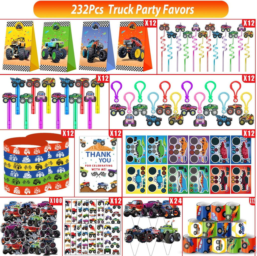 PLOUGVI 232 PCS Party Favors for Truck Birthday Decorations Supplies Truck Party Stuff for Party Goodie Bag Stuffer Pinata Filler Gifts
