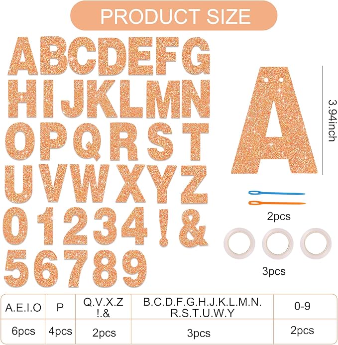 BEISHIDA 116 PCS Glitter Color Orange DIY Letter Banner Kit Make Your Own Banner，Including 111 Letters and Numbers 3 Rope and 6 Threading Device,Customized for Birthday Halloween Wedding Party Decor
