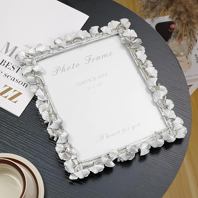 Cuspin Silver 8x10 Picture Frame, Vintage Silver Ornate Leaf Textured Hand-Crafted Resin with Glass Front Antique Photo Frame for Tabletop Display, Retro Design Home Decor
