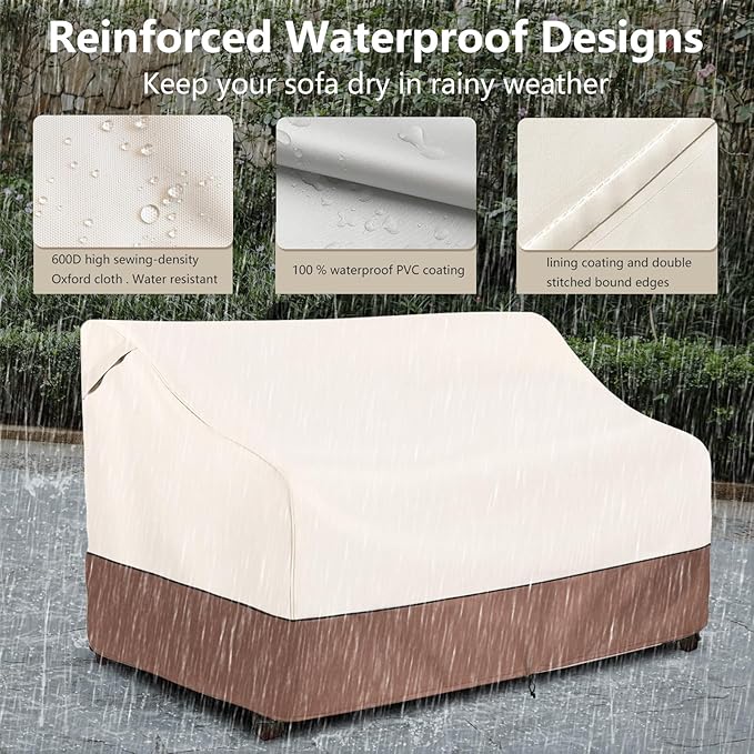 Okcool Heavy Duty Patio Sofa Cover, 100% Waterproof 2-Seater Outdoor Sofa Cover Fits up to 58W x 32.5D x 31H Inches, Lawn Patio Furniture Covers,Beige & Brown