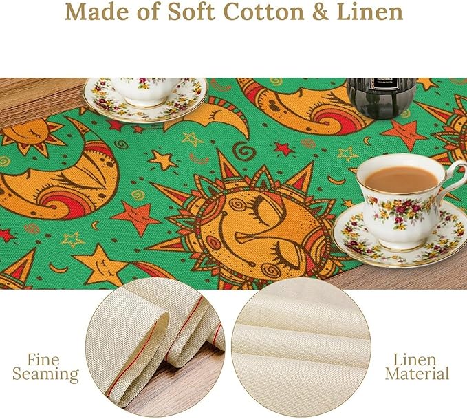 Boho Moon Table Runner, Phase of The Moon Star Sun Cartoon Pattern Table Runner for Kitchen Living Room Home Party 13x120 Inch