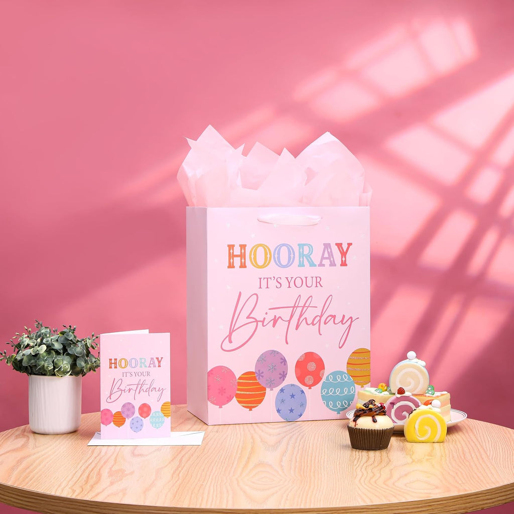 SUNCOLOR Large Birthday Gift Bag Set, Pink Balloon Theme, 13x10.2x6 Inch with Tissue Paper, Greeting Card, Envelope for Women and Girls Party Presents