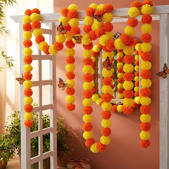 Marigold Garland for Decoration 5 Packs × 5ft Artificial Marigold Garlands Vibrant Orange Yellow Faux Flowers Includes 10 Butterfly Accents for Diwali Pooja Wedding Indian Decor