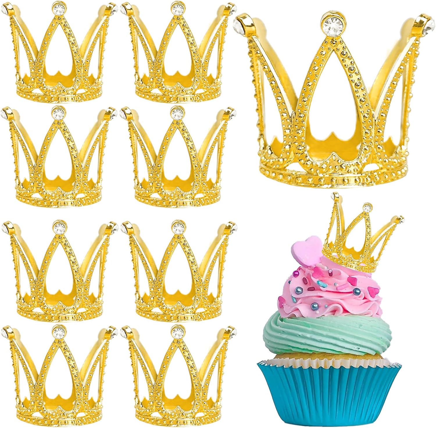 9-Piece Gold Mini Crown Cake Toppers - Cute Queen/Princess Small Crowns, Ideal Cupcake Toppers for Birthdays, Princess-Themed Parties & Cake Decoration