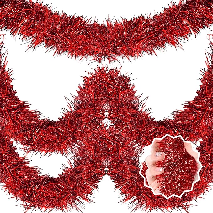 50 Feet Red Christmas Tinsel Garland, Metallic Foil Twist Banner Wall Hanging Tinsel Streamers Backdrop for Parade Floats, Christmas, Mother's Day, Birthday Party Decorations(2in x 50ft)
