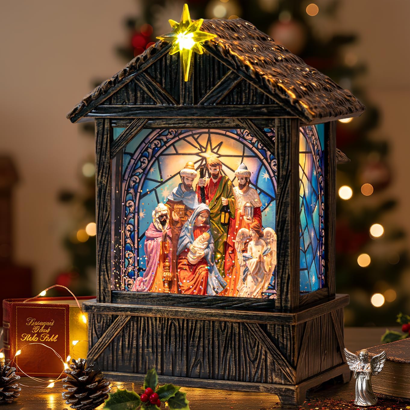 Nativity with Star Musical Lighted Water Creche with Swirling Glitter, Christmas Snow Globe Adoration of The Magi Nativity Manger Scene, Holiday Decorations Gifts for Family, Children or Friends