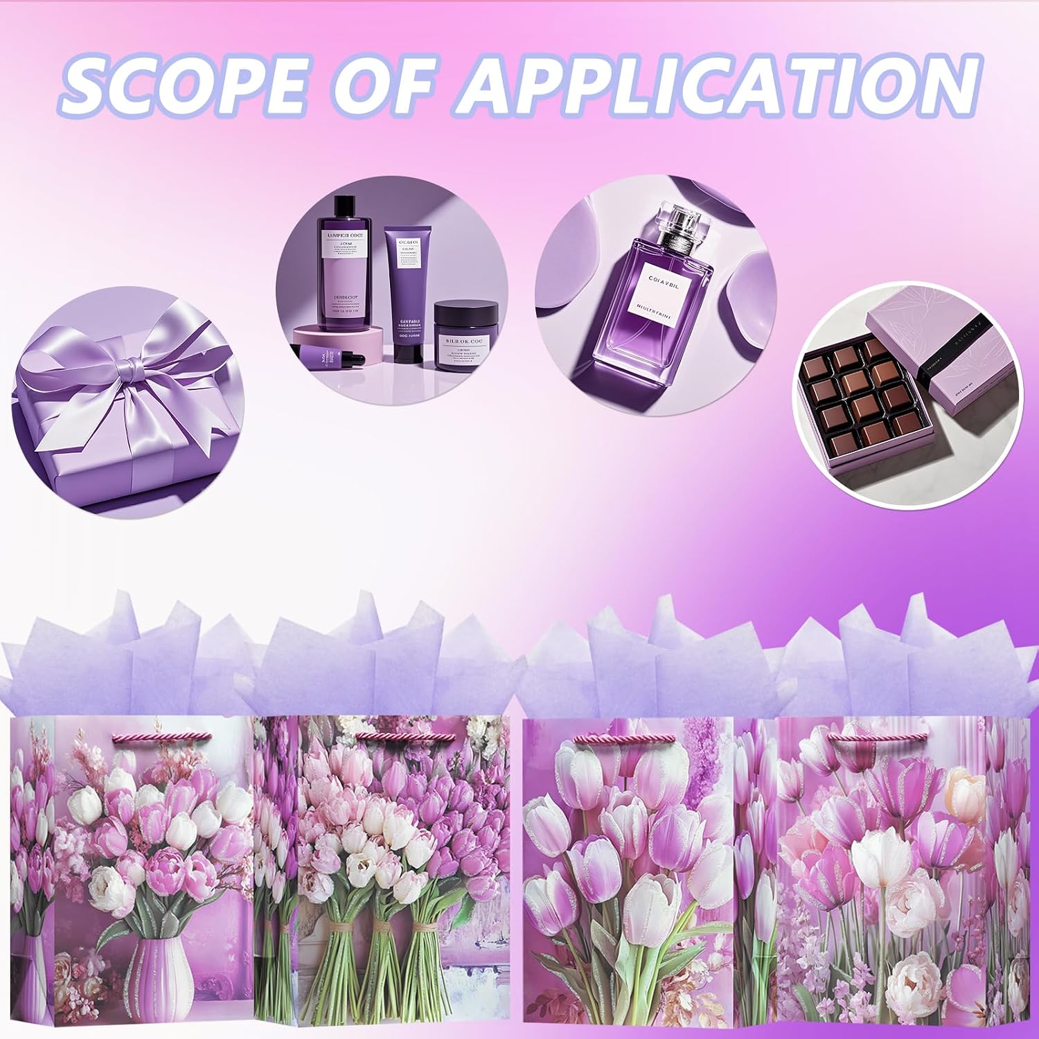 OFIHANLY 4 Pack 9" Small Size Floral Gift Bag with Handles for Women Birthday Purple Tulip Paper Gift Wrap Bags with Tissue Paper for Happy Mother's Day, New Mom, Grandma