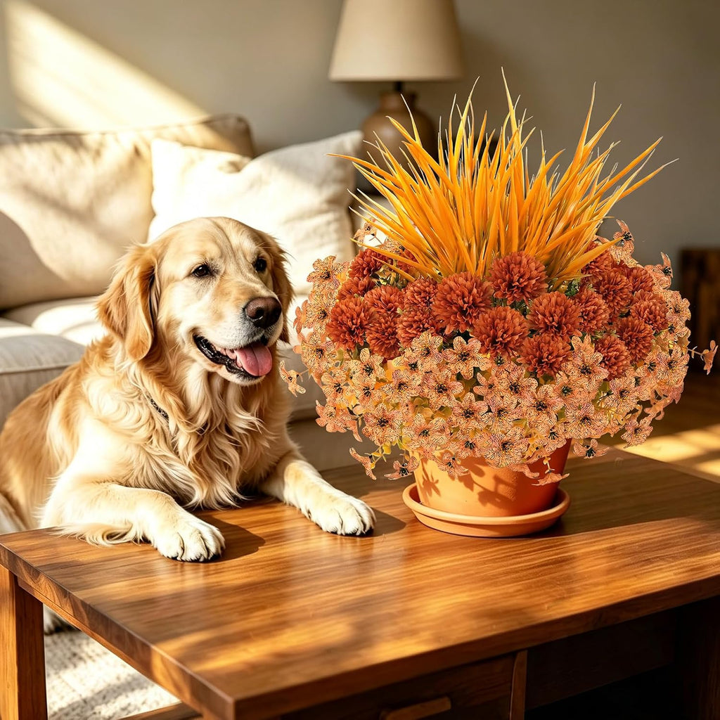 15 bundles artificial mums for outdoors, faux mums, front angle view