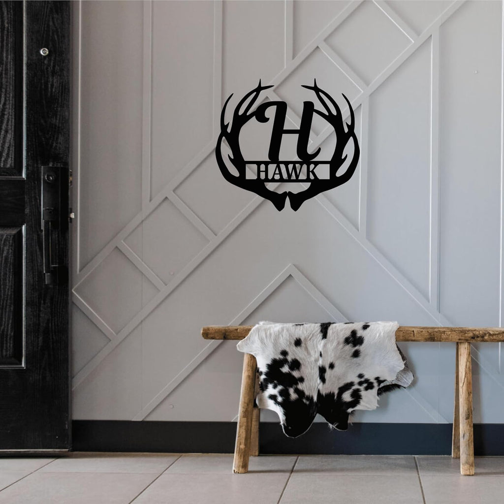 custom monogram antler yard sign metal acm deer shown in use