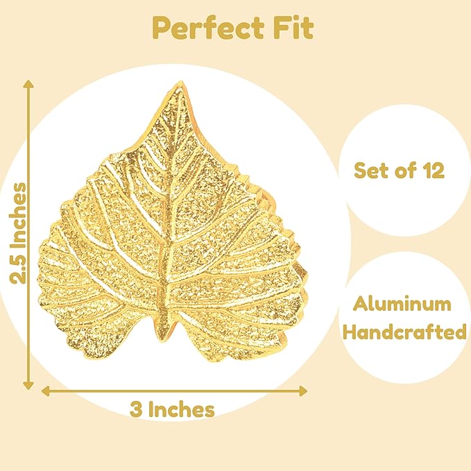 Elegant Handcrafted Leaf Napkin Rings - Set of 12 Premium Aluminum Holders for Dinner Parties, Weddings, Special Occasions & Everyday Dining (Gold) - CLEENTABLE