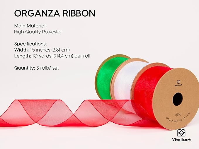 Vitalizart Organza Ribbon 1.5" x 30 Yd Christmas Sheer Ribbons Set 10 Yd x 3 Rolls Red Green White for Christmas Decor Gift Wrapping Crafts Bows Wedding Invitations Wreaths Bouquet