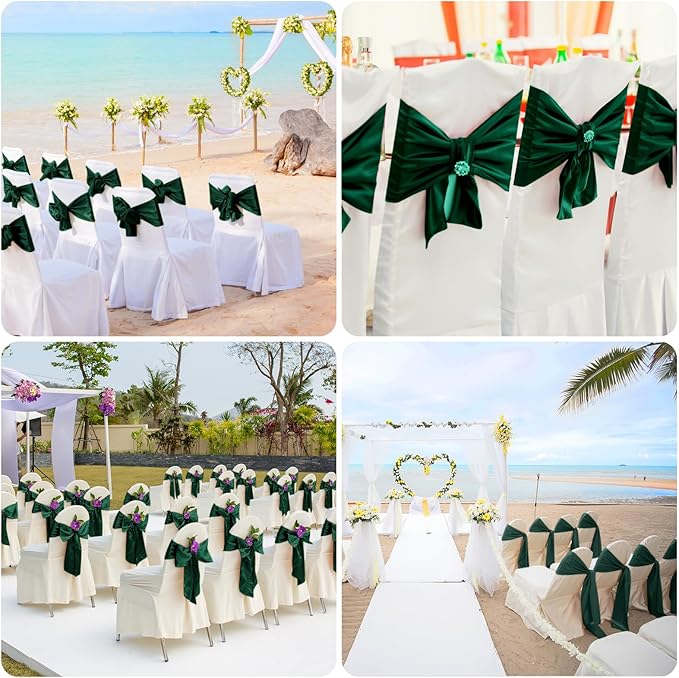 10 PCS Forest Green Satin Chair Sashes Bows Universal Chair Ribbon Ties Back Sash for Wedding Party Reception Events Banquets Hotel Event Chair Cover Decoration (7x108 inch)