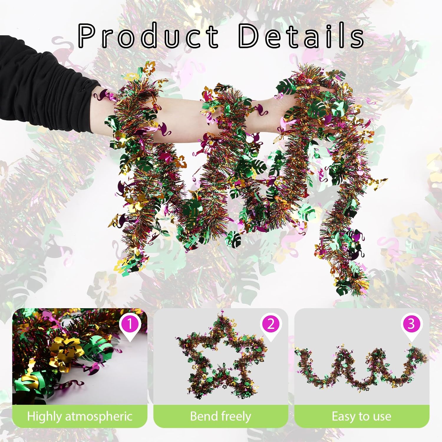 4Pcs Hawaiian Tinsel Garland Tropical Decorations for Hawaii Party Supplies | Glitter Tropical Summer Garland Decorations for Summer Garlands Hawaii Flower Banner Holiday Decor