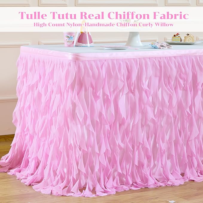 PARTISKY Pink Tulle Curly Willow Table Skirt for Rectangle Table 14ft, Ruffle Tutu Table Cloth for Girls Baby Shower,Birthday Party Candy Cake Tables