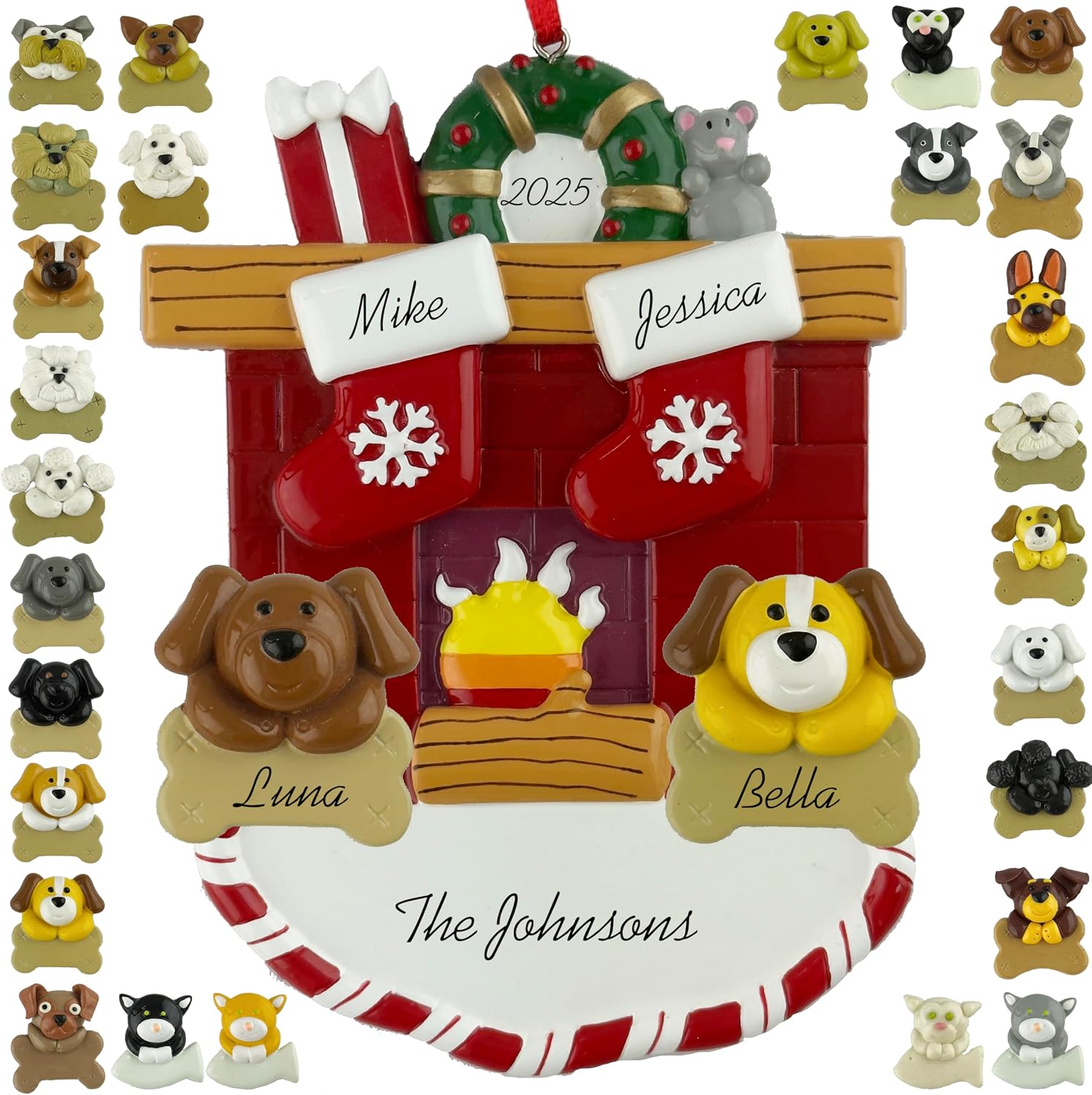 Customized and Personalized Christmas Ornament - Family of 2-6 with Two Pets - Select 2 of The 25 Different Dogs and Cats to Design Your Own Made to Order Gift (Family of 2)