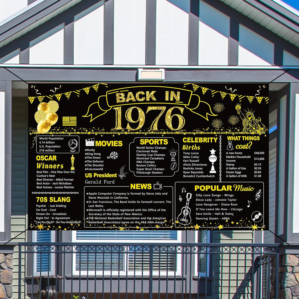 DARUNAXY 50th Birthday Black Gold Party Decoration, Back in 1976 Banner 50 Year Old Birthday Party Poster Supplies Vintage 1976 Backdrop Photography Background for Men & Women 50th Class Reunion Decor