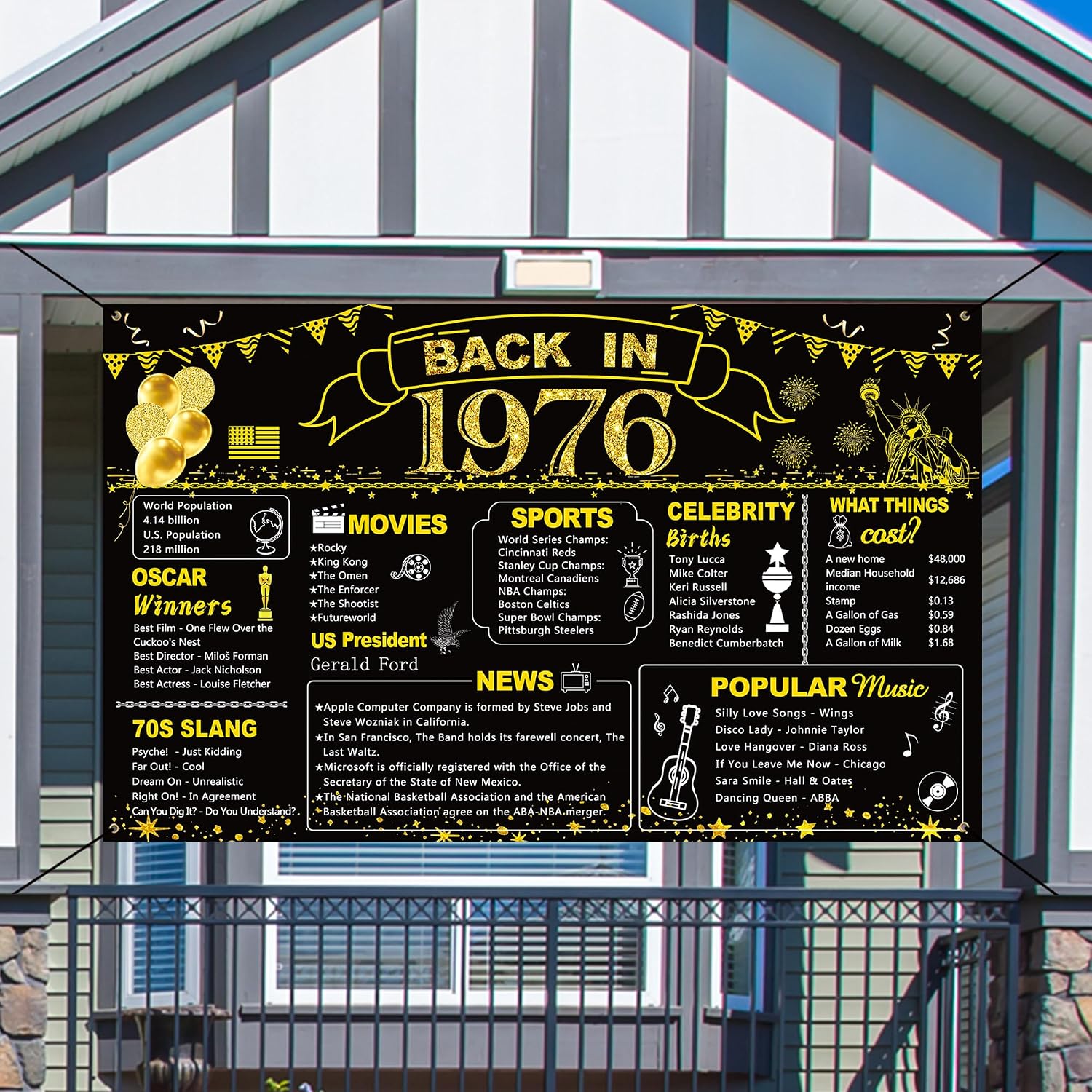 DARUNAXY 50th Birthday Black Gold Party Decoration, Back in 1976 Banner 50 Year Old Birthday Party Poster Supplies Vintage 1976 Backdrop Photography Background for Men & Women 50th Class Reunion Decor