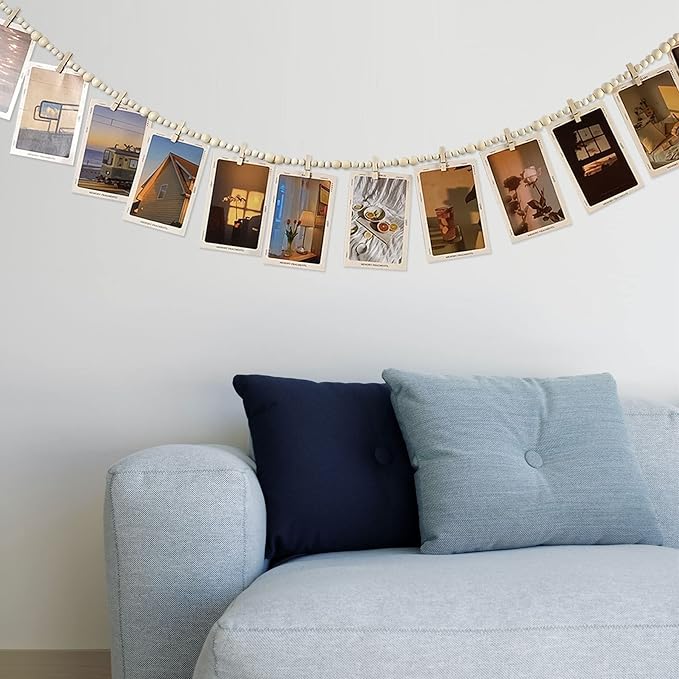 Hanging Photo Display With 12 Clips, Wooden Bead Garland 2PCS, Boho Style Collage Photo Frame Decoration for Dorms, Classrooms, Bedrooms