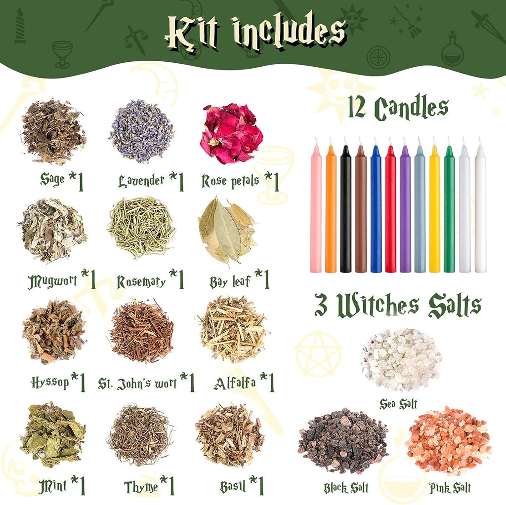 Tassika Witchcraft Starter Kit, Witchcraft Supplies for Wiccan Altar- 63 Pack of Crystals Dried Herbs, Colored Magic Candles, Charm Bags and Ritual Witches Salt for Spells, Baby Witches