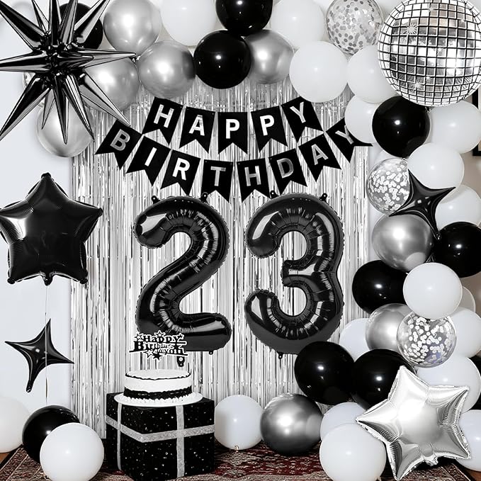 23rd Birthday Decorations for Men Women, Black Silver Happy Birthday Party Decorations， 23 Year Old Party Supplies with Number 23 Balloons, Banner, Fringe Curtains Kit